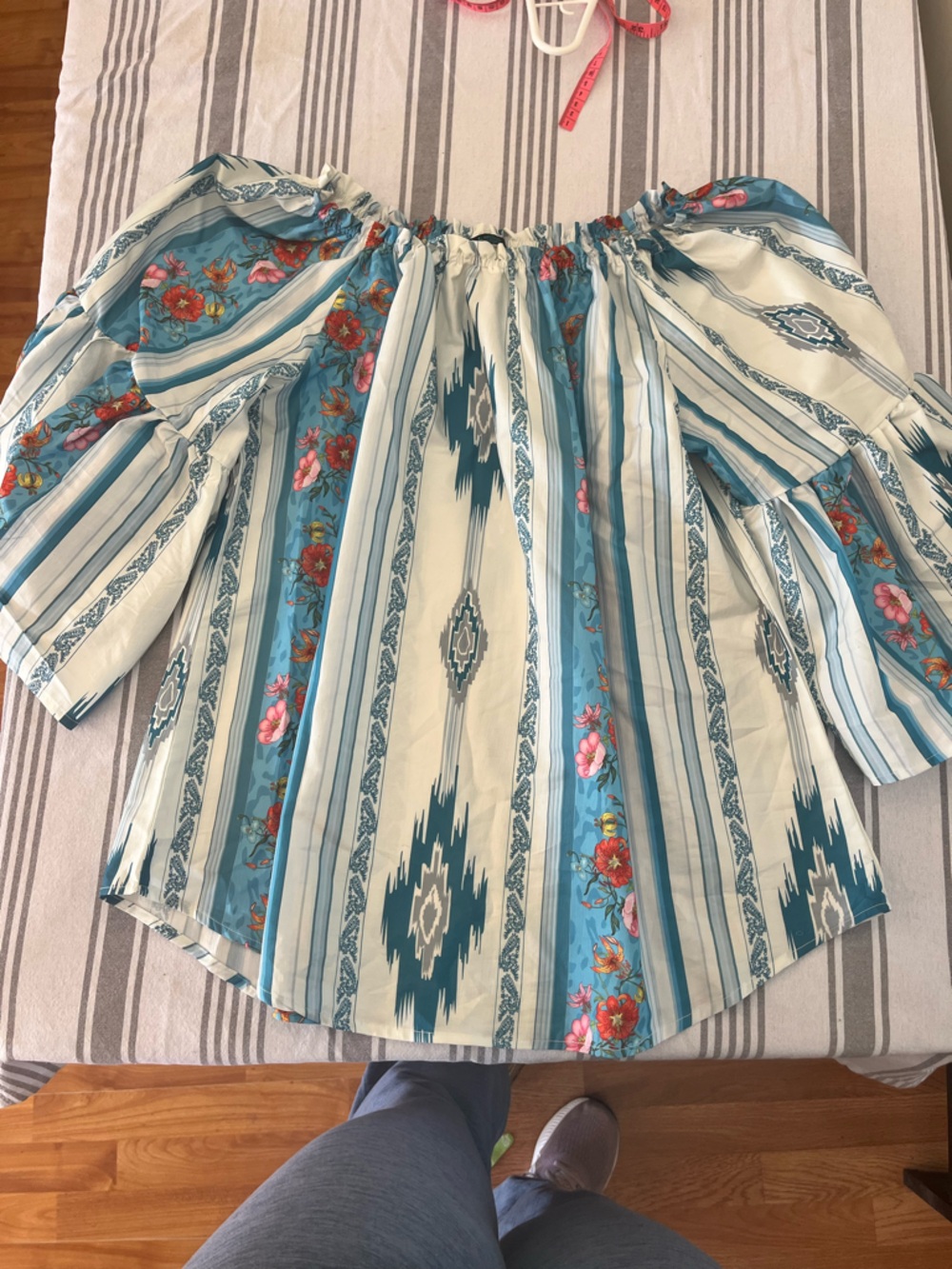 Striped Western Floral Button-Front Blouse in Cream and Turquoise